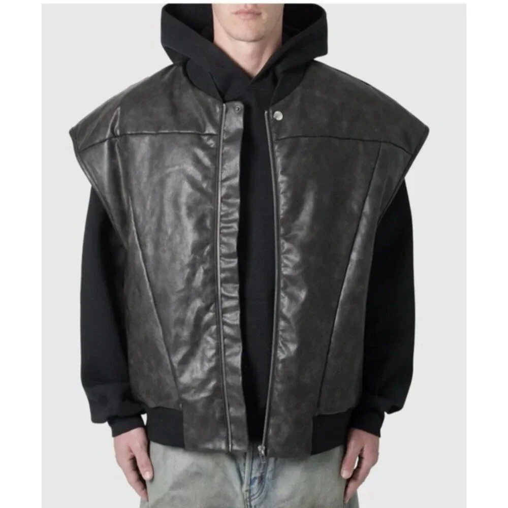 MNML Leather Bomber Vest Black Oversized Streetwear Zip Jacket Mens Large